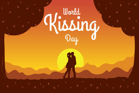 Kiss Day poster, banner vector illustration with silhouette cute romantic couple on date under a trees. Background with copy space for text - summer sunset landscape. Man and woman in love outdoor.