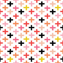 Cute seamless vector background with geometric hand cut motifs in pink and red on white. Pastel scandinavian style design for birthday, home decor and fashion textiles, wrapping paper, wallpaper. - 273676572