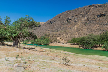 Fototapeta na wymiar Small lake at Wadi Dharbat near Salalah, Oman