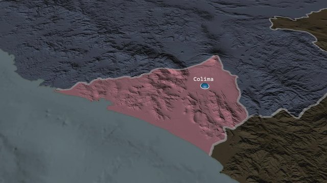 Colima - state of Mexico zoomed on the administrative map of the globe. Animation 3D