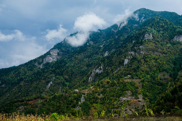 Amazing caucasus mountains of Khulo village, Adjara region, Georgia. View from Tago village. Colorful autumn season 