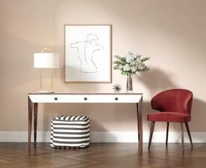 3d rendering of a console table with a red velvet chair and an art canvas