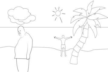 fat man like a ghost sunbathing man raised his hands to the sun