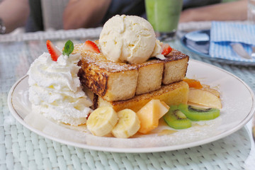 Honey toast on disk ready to eat in the afternoon.