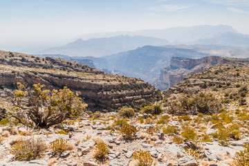 Wadi Ghul canyon in Hajar Mountains, Oman