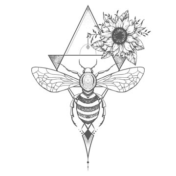 Vector illustration with hand drawn bee and Sacred geometric symbol on white background. Abstract mystic sign. Black linear shape. For you design: tattoo, print, posters, t-shirts, textiles.