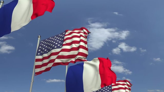 Flags of France and the USA at international meeting, loopable 3D animation