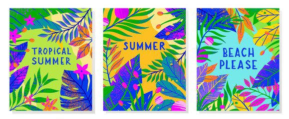 Set of summer vector illustrations with tropical leaves,flowers and elements.Multicolor plants with hand drawn texture.Exotic backgrounds perfect for prints,flyers,banners,invitations,social media.