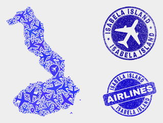 Airline vector Isabela Island of Galapagos map collage and scratched seals. Abstract Isabela Island of Galapagos map is created from blue flat random airline symbols and map locations.