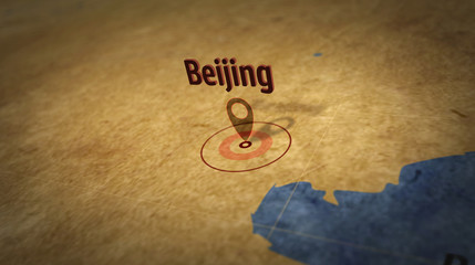 Beijing on simple retro paper map. 3D flight over grunge atlas chart with city marked by pushpin.