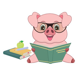 Cute cartoon pig with glasses and books next to a pencil and an Apple
