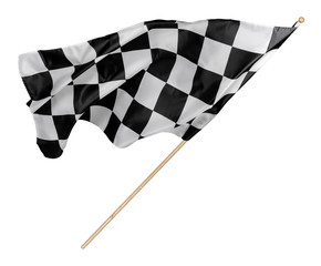 Black white race chequered or checkered flag with wooden stick isolated background. motorsport...