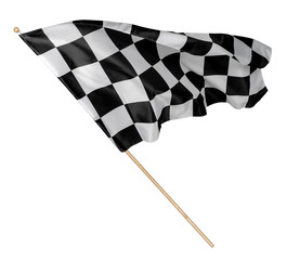 Black white race chequered or checkered flag with wooden stick isolated background. motorsport...