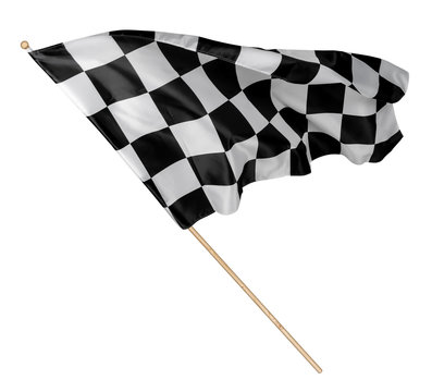 Black white race chequered or checkered flag with wooden stick isolated background. motorsport racing symbol concept