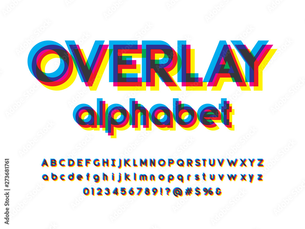 Fototapete overprint colors alphabet design with uppercase, lowercase, numbers and symbols