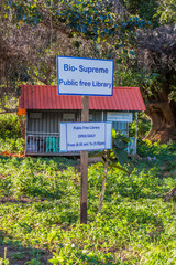 INLE, MYANMAR - NOVEMBER 27, 2016: Bio Supreme Public free library sign in a village near Inle lake, Myanmar