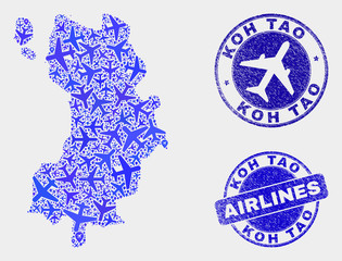 Airlines vector Koh Tao map mosaic and grunge seals. Abstract Koh Tao map is created with blue flat scattered airlines symbols and map locations. Transport scheme in blue colors,
