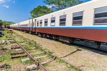 Fototapeta na wymiar Train at a local station near Gokteik (Gok Teik) viaduct, Myanmar