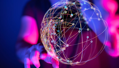 Abstract futuristic - Molecules technology with polygonal shapes on dark blue background.