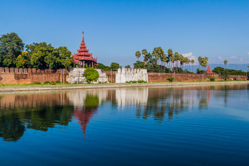 Moat, bridge, walls and towers of Mandalay Fortress, Myanmar