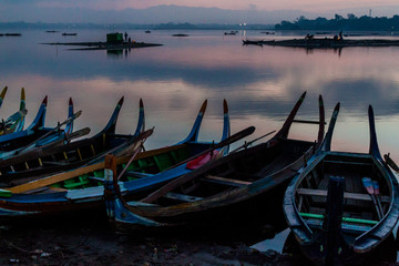 Morning view of boats at Taungthaman lake in Amarapura near Mandalay, Myanmar