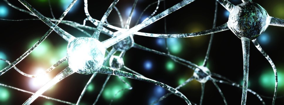 Neuron node, neural network, nerve node on a blurred background, 3d rendering