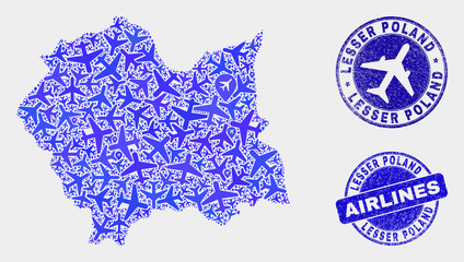 Airlines vector Lesser Poland Voivodeship map composition and grunge stamps. Abstract Lesser Poland Voivodeship map is composed with blue flat random airlines symbols and map locations.