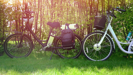 Electric bicycles in the park in sunny summer day with green trees and grass background. Shot from the side. Light leaks and sun with natural lighting. The view of the e motor and power battery.