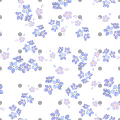 Fototapeta na wymiar Vintage seamless pattern with field small blue flowers on white background.