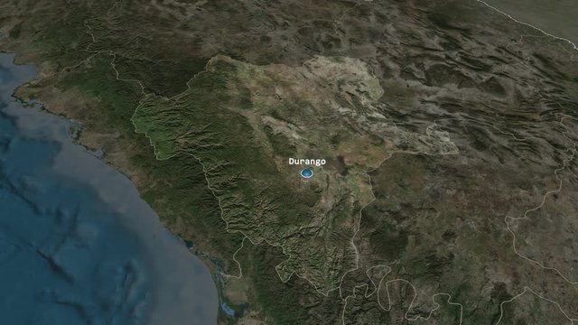 Durango - state of Mexico zoomed on the satellite map of the globe. Animation 3D