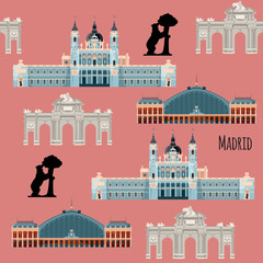 Sights of Madrid, Spain. Almudena Cathedral, Railway station Atocha, Alcala Gate, Statue of the Bear and the Strawberry Tree. Seamless background pattern.