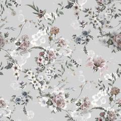 Watercolor painting of leaf and flowers, seamless pattern on gray background - 273687304