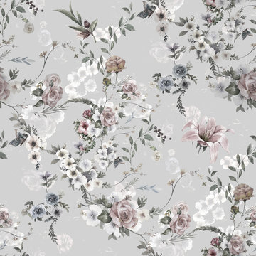 Watercolor painting of leaf and flowers, seamless pattern on gray background