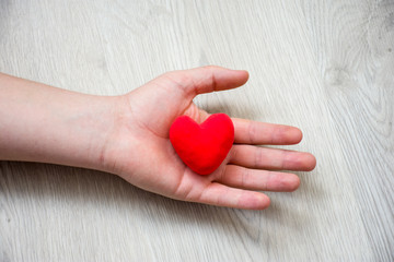 In palm of hand lying on wooden floor, is anatomical model of heart. Concept photo depicting heart or cardivascular illness such as failure as cause of death, organ donation after death of patient