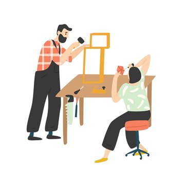 Adorable Happy Romantic Couple Creating Or Repairing Furniture. Cute Funny Man And Woman Enjoying Their Hobby Together. Pair Of People Woodworking. Flat Cartoon Colorful Vector Illustration.