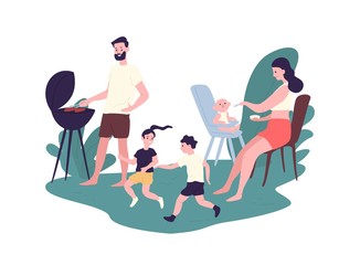 Happy family spending time at summer barbeque party. Funny mother, father and children performing recreational activities outdoors. Parents and kids at picnic. Flat cartoon vector illustration.