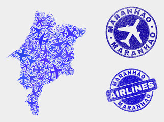 Airline vector Maranhao State map composition and grunge stamps. Abstract Maranhao State map is composed with blue flat scattered airline symbols and map locations. Shipping plan in blue colors,