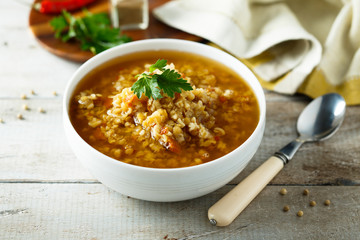 Homemade lentil soup with vegetables
