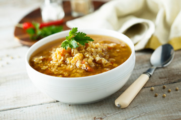 Homemade lentil soup with vegetables