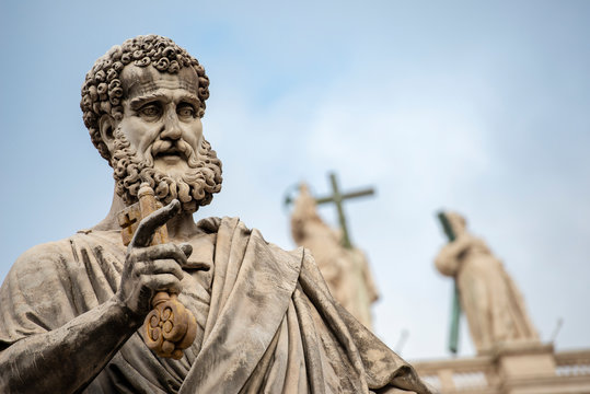 Vatican City, April 14: Statue of Saint Peter in hand the key of heaven outside St Peter's basilica.