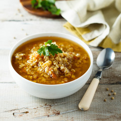 Homemade lentil soup with vegetables