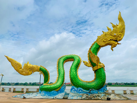 Phayanak or Naga king of snake Statue at the mekong river in the town of Nong Khai Province in Isan area on north east region of Thailand. Phayanak is symbol signature of Nong Khai province.
