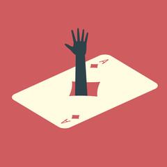 Human hand sticking out of the ace of diamonds card. Gambling addiction conceptual illustration. - obrazy, fototapety, plakaty