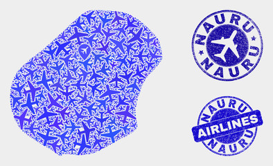 Air plane vector Nauru map mosaic and scratched stamps. Abstract Nauru map is composed with blue flat randomized air plane symbols and map locations. Tourism scheme in blue colors, and rounded stamps.