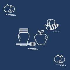 Apple in honey in Rosh Hashanah, pomegranate, bee. Traditional Jewish food and symbols.