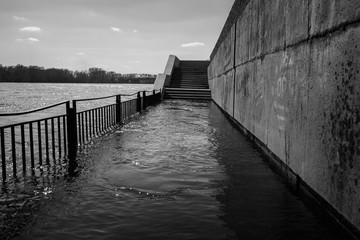 Obraz premium Flooded embankment. Irtysh river. Ust-kamenogorsk (Kazakhstan). Black and White