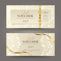 Set of luxury gift vouchers with golden ribbons, bow and vintage floral pattern. Vector elegant template for gift cards, coupons and certificates with beige ornament. Isolated from background. - obrazy, fototapety, plakaty