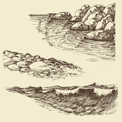 Sea and ocean waves, sea shore design elements