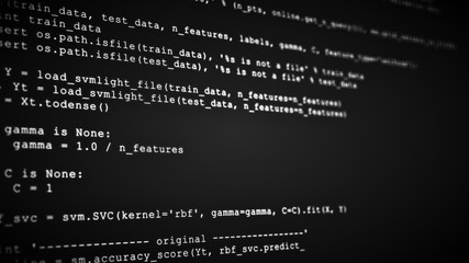 3D Hacking code data flow stream on black. Computer screen with encrypted fast typing coding symbols. Network security, programming, development, cyber encryption with blockchain and crypto concept