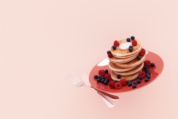 Pancake with blueberry and strawberry in the plate on pink pastel background. 3d render